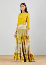 Silk Crop Top in Yellow with Print And Chikankari Embroidery Tiered Skirt