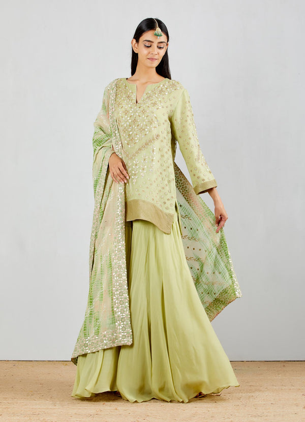 Organza Silk Hand Embellished Kurti Top With Sharara Pants