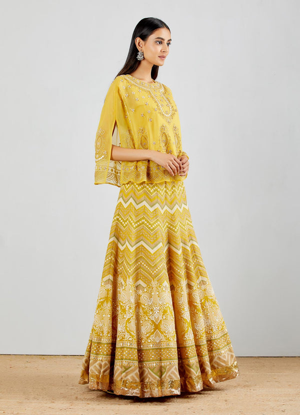Yellow Cape Paired With Gotta Pati Cross Stitch Embroidered Skirt