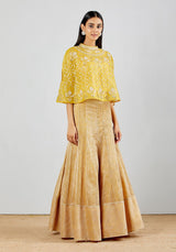 Yellow Organza Cape With Gold Textured Paneled Skirt