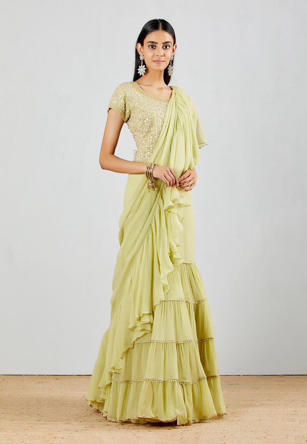Sage Tiered Pre Stitched Saree With All Over Hand Embroidered Blouse