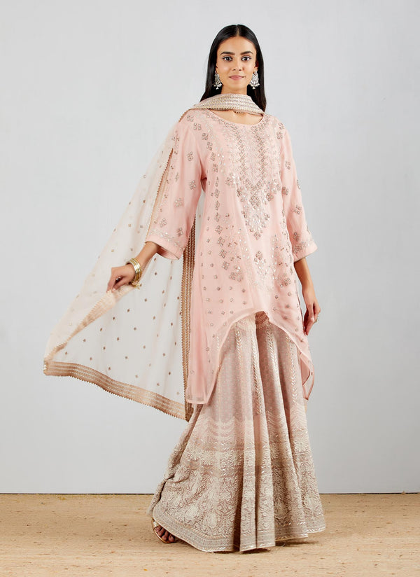 Blush Pink Organza Silk High Low Tunic with Embroidered Sharara And Dupatta