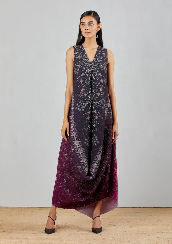 Shaded Wine Crinkle Crepe Cowl Dress In Hand Block Print