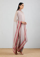 Blush Pink Grey Shaded Crinkle Crepe Dress With Asymmetric Cape