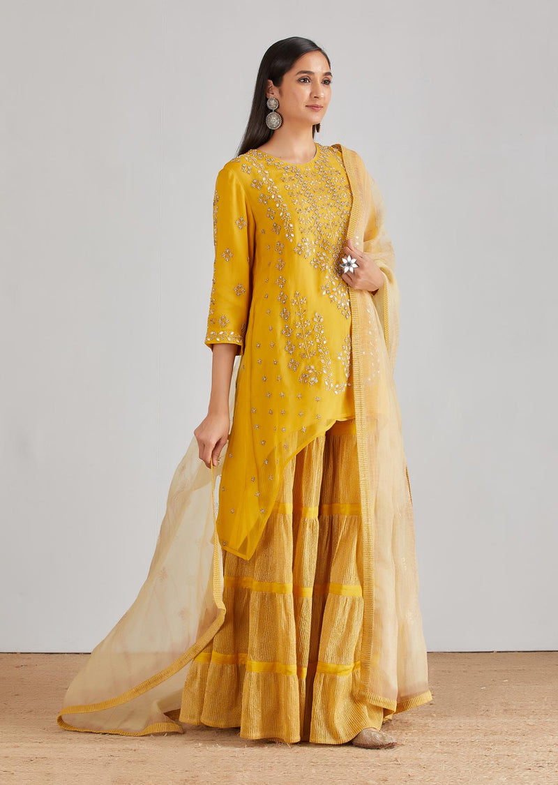 Yellow Hand Embellished High Low Tunic with Gold Lurex Tiered Sharara and Organza Dupatta