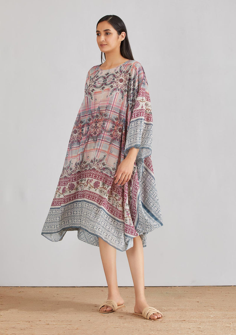 Multicolor Pleated Mid Calf Length Kaftaan Dress