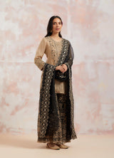 Beige And  Black Organza Silk Sharara Set