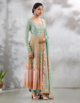 Green and Peach Pink Chikan Kari Kurta Set