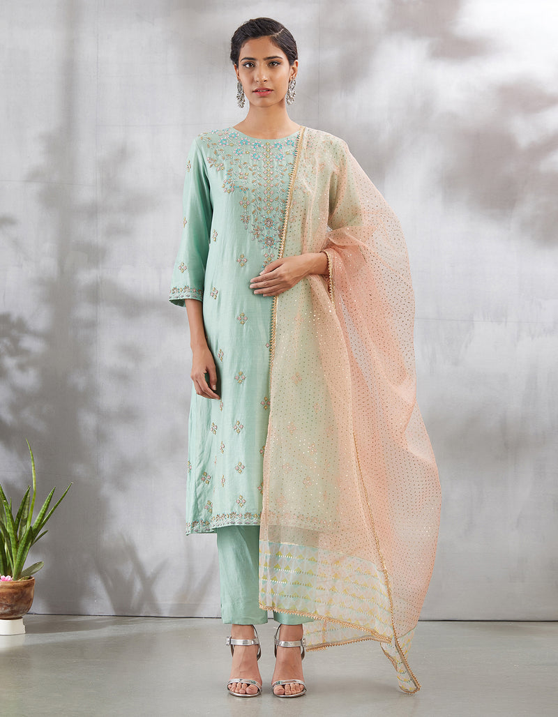 Peach Pink and Green Chikan Kari Kurta Set