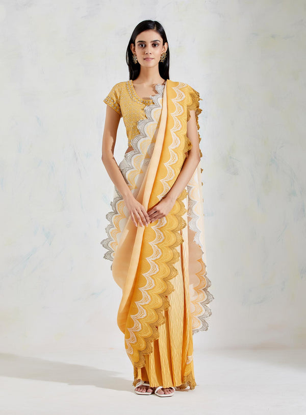 Yellow Crinkle Georgette and Cotton Lycra Saree Set