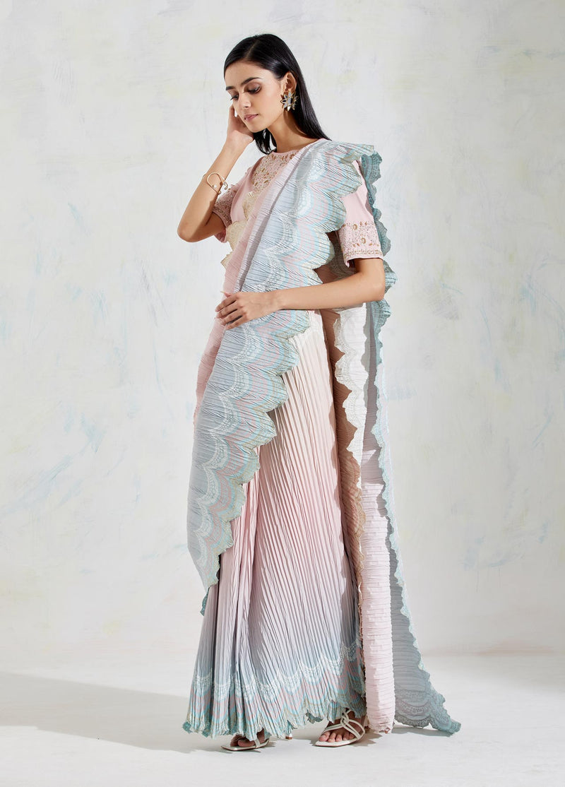Peach and Blue Crinkle Georgette and Cotton Lycra Saree Set