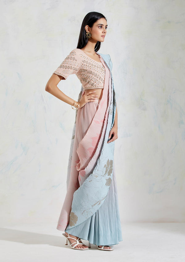 Pink and Aquatic Sage Crinkle Georgette and Cotton Lycra Saree Set