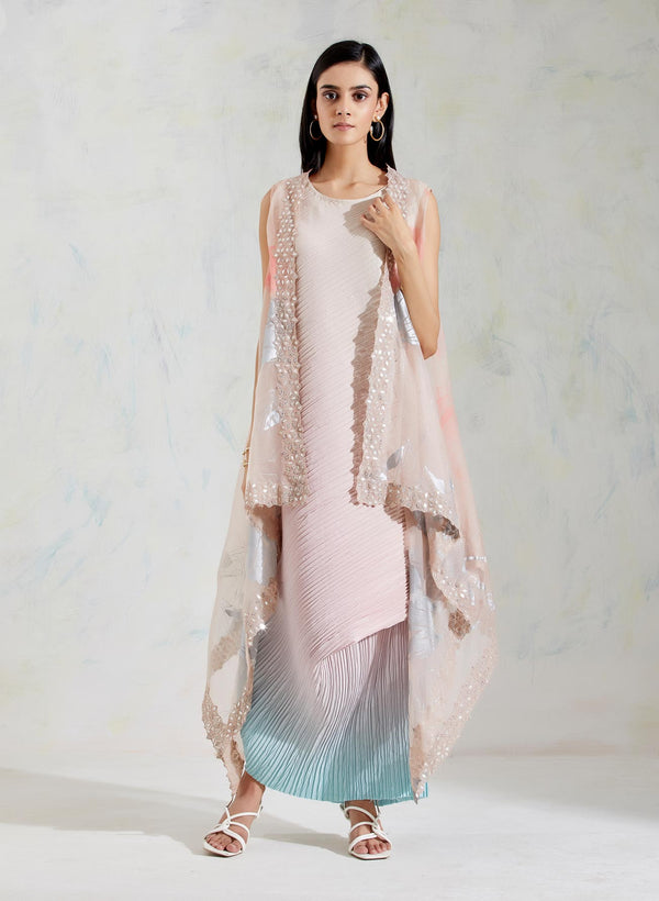 Pink with Aquatic Sage Shaded Organza and Crinkle Crepe Cape and Dress