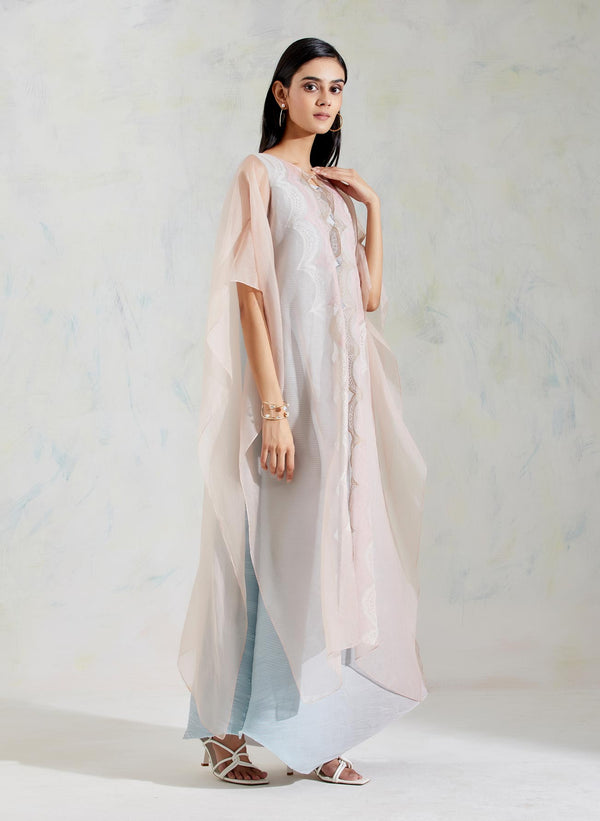 Pink and Aquatic Sage Shaded Organza and Crinkle Crepe Cape and Dress