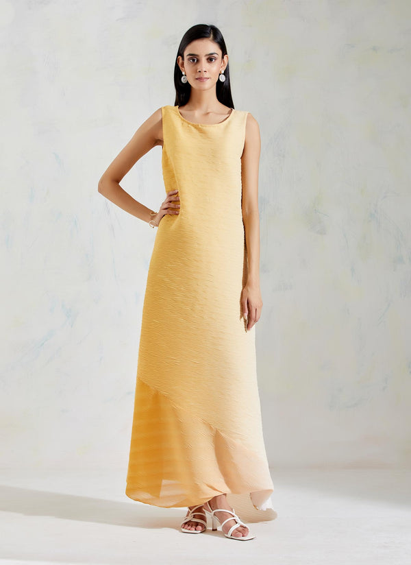 Ivory and Yellow Crinkle Crepe and Crinkle Georgette Dress