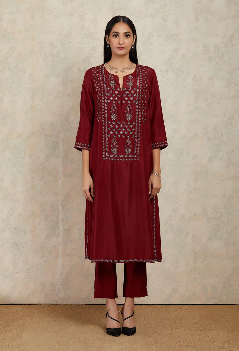 Deep Red Embroidered Kurta and Trouser Set