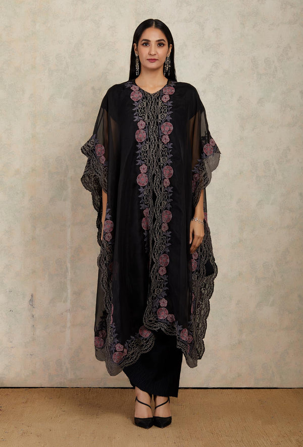 Black Floral Embroidered Cape and Trouser