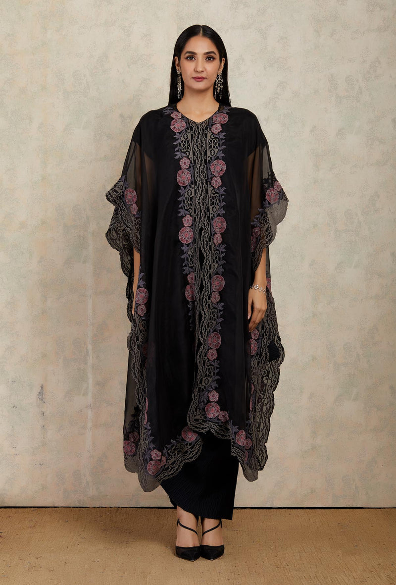 Black Floral Embroidered Cape and Trouser