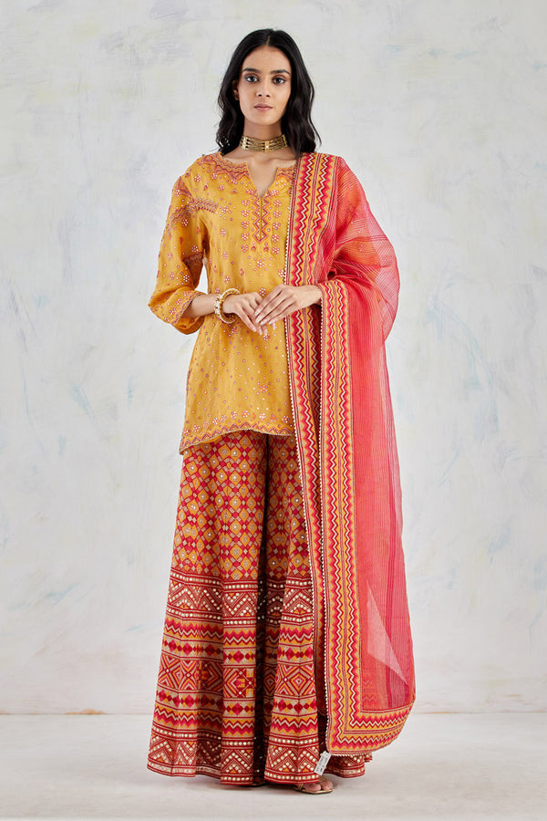 Mango Organza Kurti Top In Intricate Hand Embroidery Paired With Cross Stitch And Gota Patti Embroidered Sharara And Tangerine Organza Dupatta