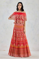 Red Off Shoulder Organza Top Paired With Gota Patti Cross Stitch Embroidered Skirt