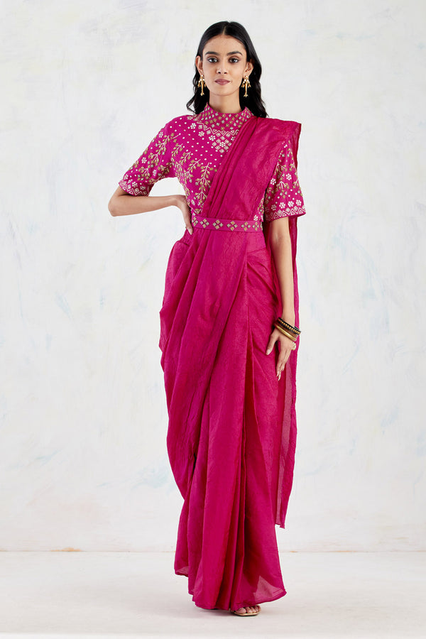 Crinkle Silk Pre Stitched Drape Saree Paired With Stretch Lycra Hand Embellished Blouse And Belt