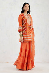 Rust Organza Silk Kurti And Dupatta Paired With Georgette Tiered Sharara In Gota Patti And Cross Stitch Embroidery