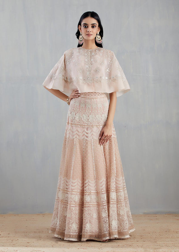 Nude Pink Embroidered Cape with Skirt