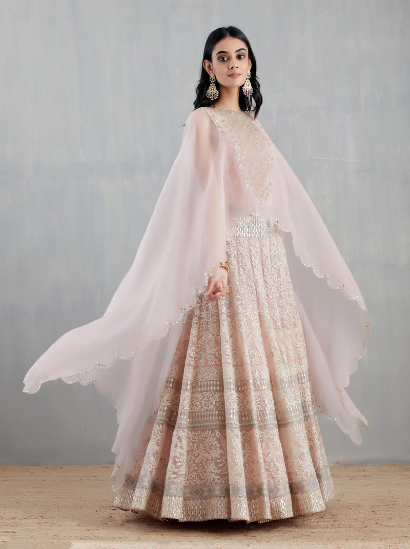 Nude Pink Hand Embellished Cape with Skirt