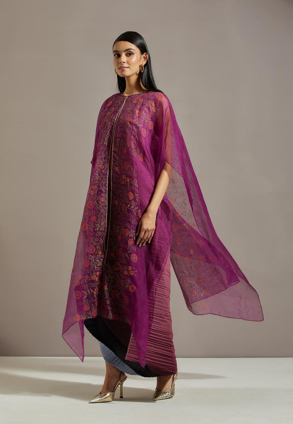 Wine Organza Printed Cape With Dress