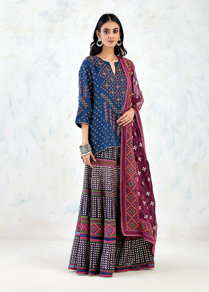 Blue Sharara Set with Gota Patti With Cross Stitch Embroidery And Hand Embroidery