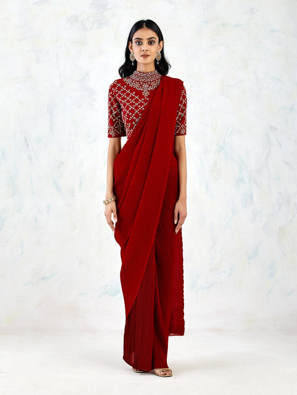 Red Saree Set with Hand Embroidery