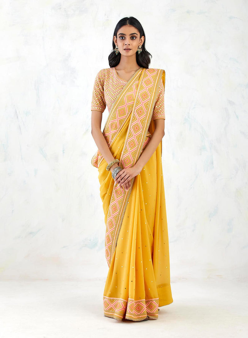 Yellow Saree Set with Gota Patti With Cross Stitch Embroidery