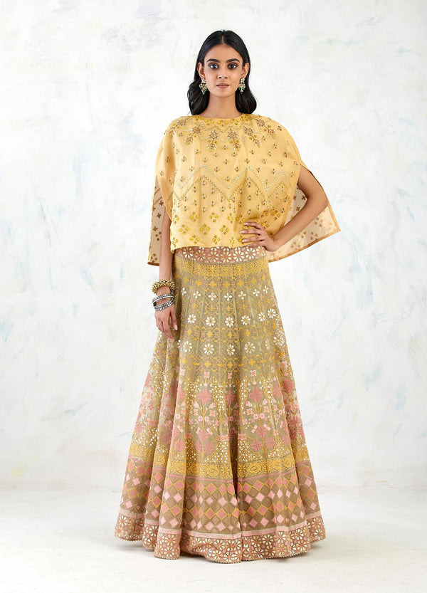 Gold Cape With Skirt with Hand Embroidery And Gota Patti With Cross Stitch Embroidery