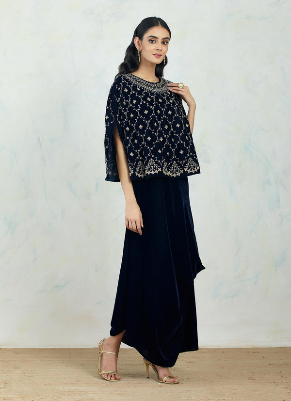 Velvet Navy Cape In Intricate Hand Embroidery