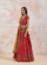 Red Hand Embellished Lehenga Set With Potli Bag