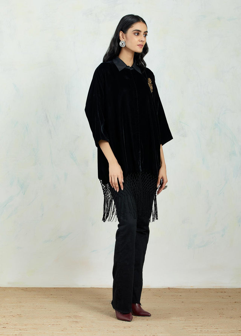 Black Velvet Shirt With Tassel Border And Embellished Zardozi Brooch