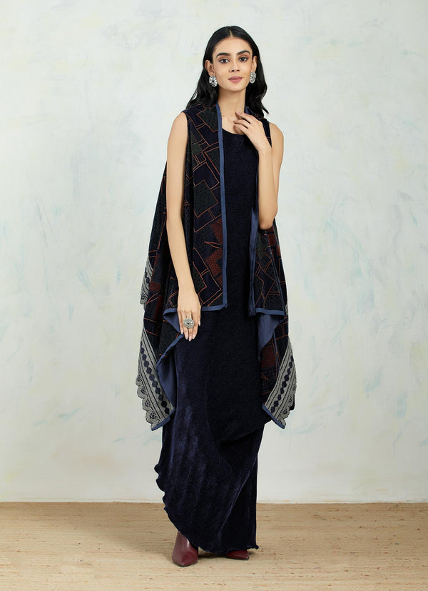 Velvet Jacket Cape In Zari Embroidery And Hand Block Printed Paired With Velvet Paired Dress