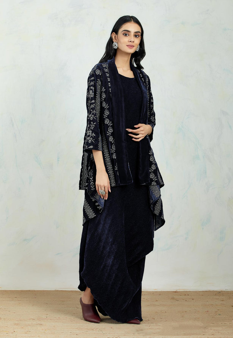 Velvet Jacket Cape In Zari Embroidery Paired With Velvet Paired Dress