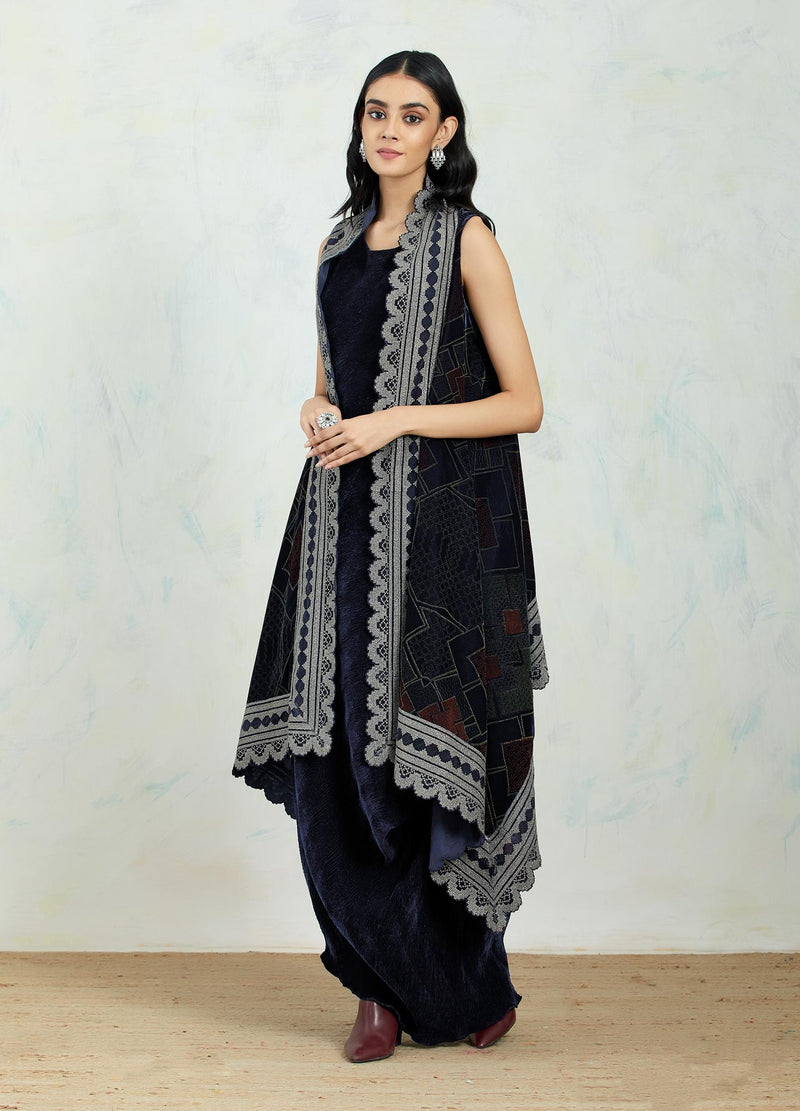Navy Velvet Cape In Hand Block Print And Zari Embroidered Border Paired With Drape Dress