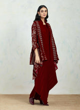 Velvet Jacket Cape In Zari Embroidery Paired With Crinkle Velvet Paired Dress