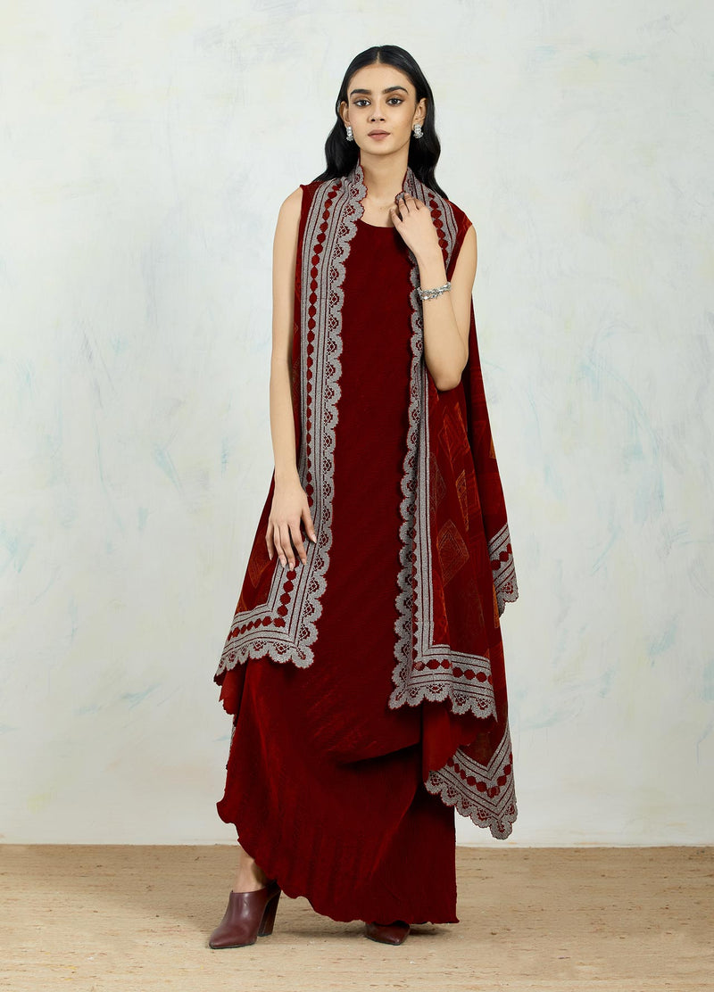 Maroon Velvet Cape In Hand Block Print And Zari Embroidered Border Paired With Crinkle Drape Dress