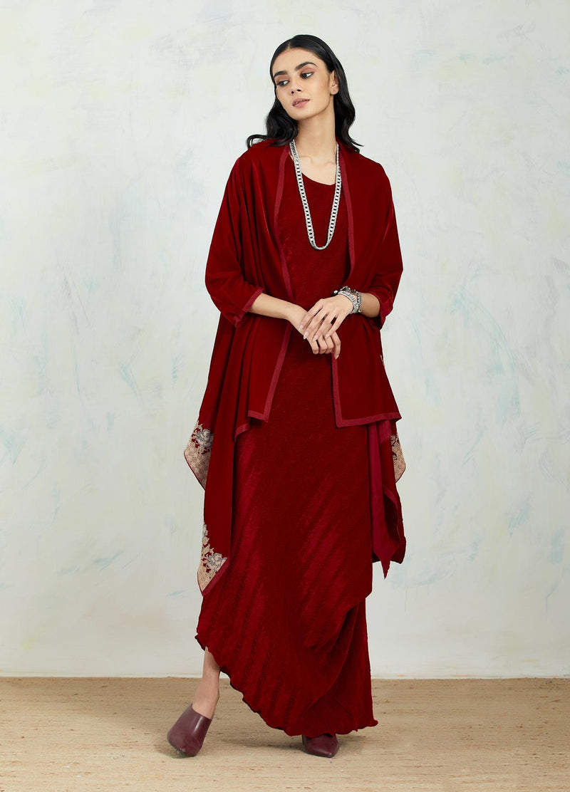 Maroon Velvet Cape Jacket In Cross Stitch Rose Embroidery Border Paired With Crinkle Drape Dress
