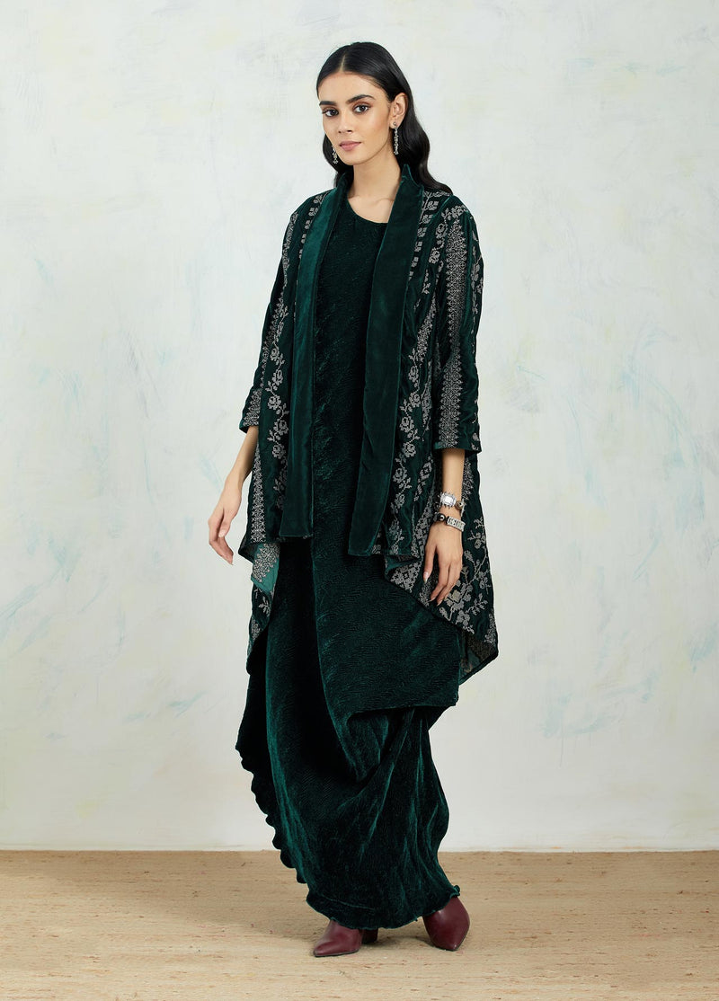 Jacket Cape In Zari Embroidery Paired With Crinkle Velvet Paired Dress