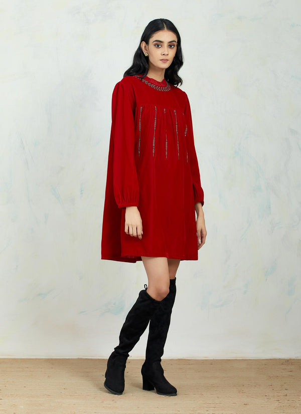 Velvet Cherry Red Tunic In Hand Embroidery
