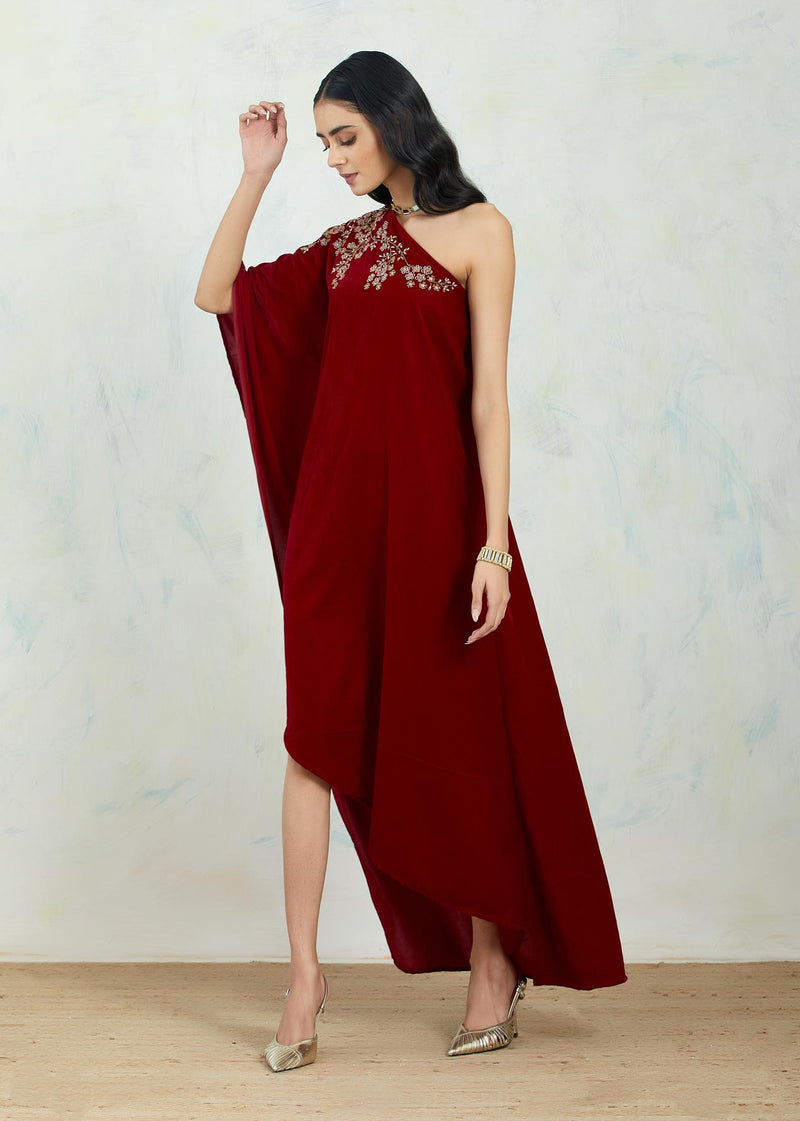 One Shoulder Velvet Asymetric Dress Embellished With Intricate Hand Work