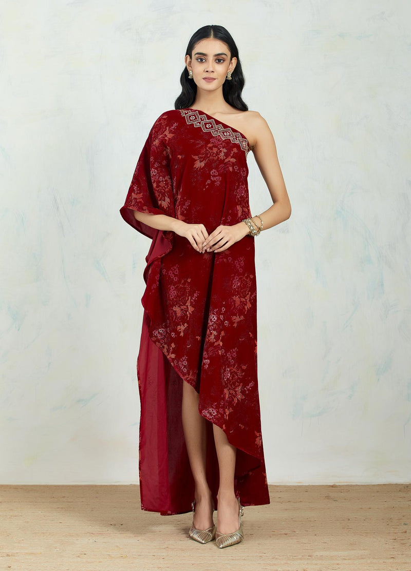 One Shoulder Asymetric Dress Embellished And Hand Block Printed