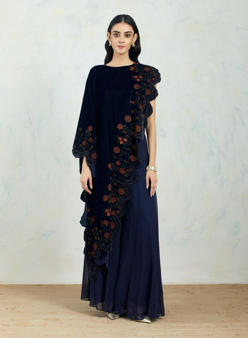 Asymetric Velvet Cape In Hand Block Printed Scallop Border Paired With Chiffon Panelled Sharara