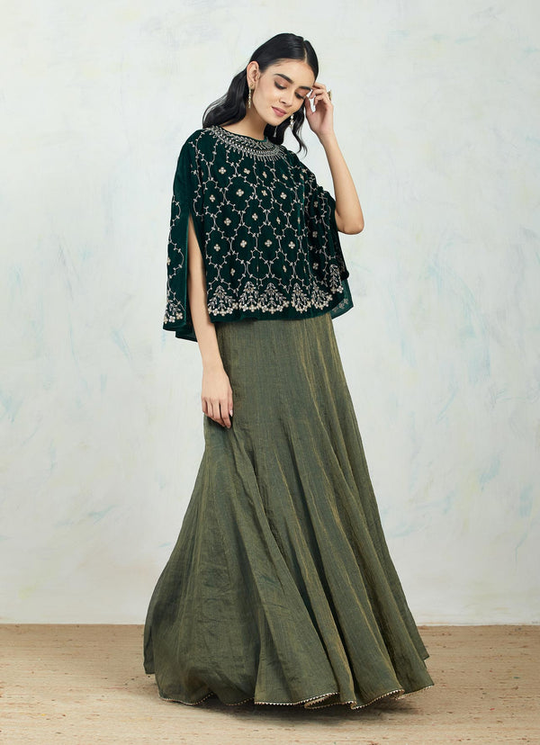 Emerald Green Velvet Intricately Embroidered Cape Paired With Gold - Green Textured Mesh Skirt