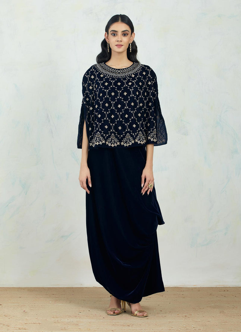 Velvet Navy Cape And Dress In Intricate Hand Embroidery