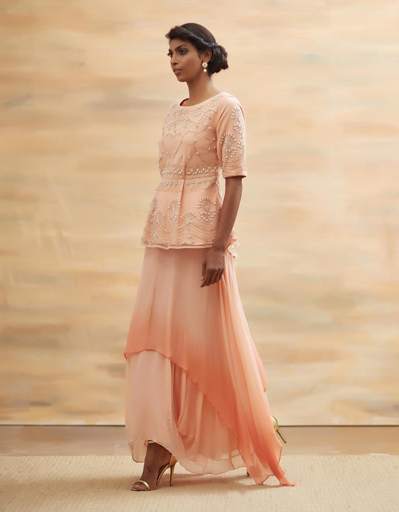 Peach Embroidered Peplum Top with Skirt